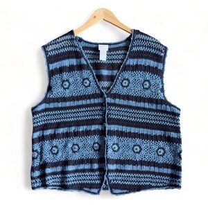 Vintage Ramie Cotton Crochet Knit Sweater Vest EcoFriendly XL Blue